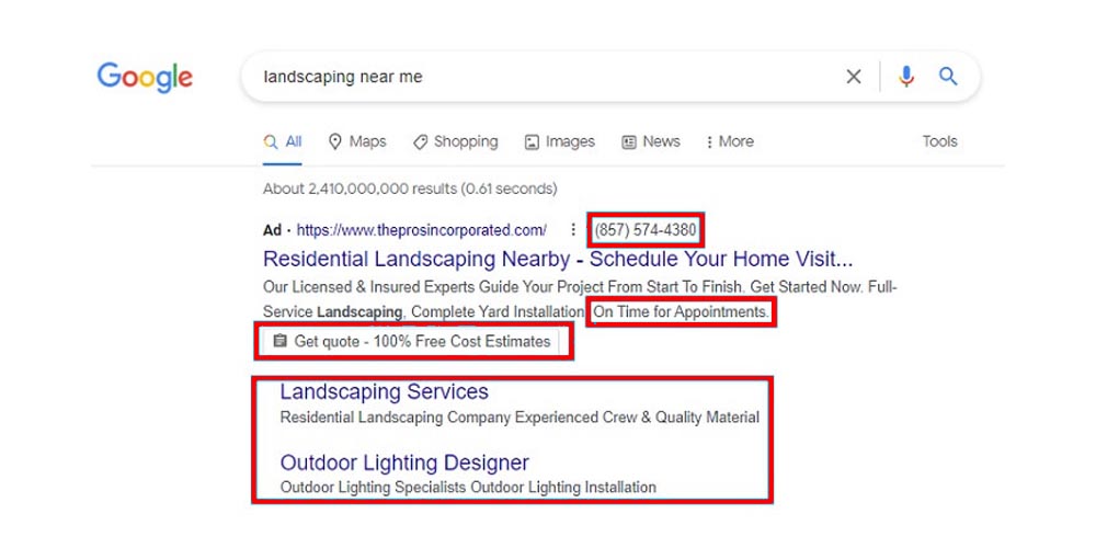 Ad extensions in a landscaping business