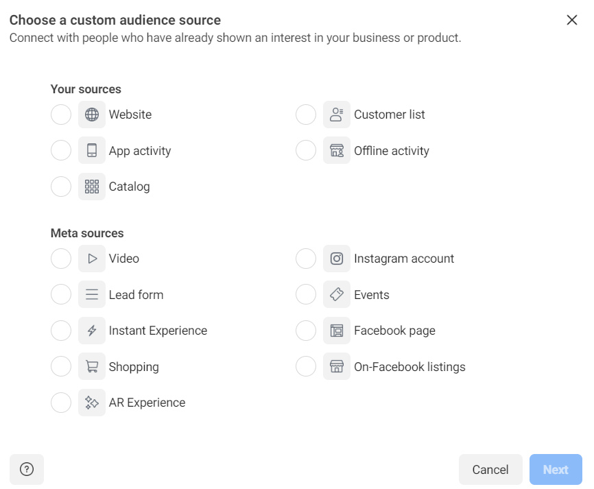 Choose a custom audience source on Facebok Ads