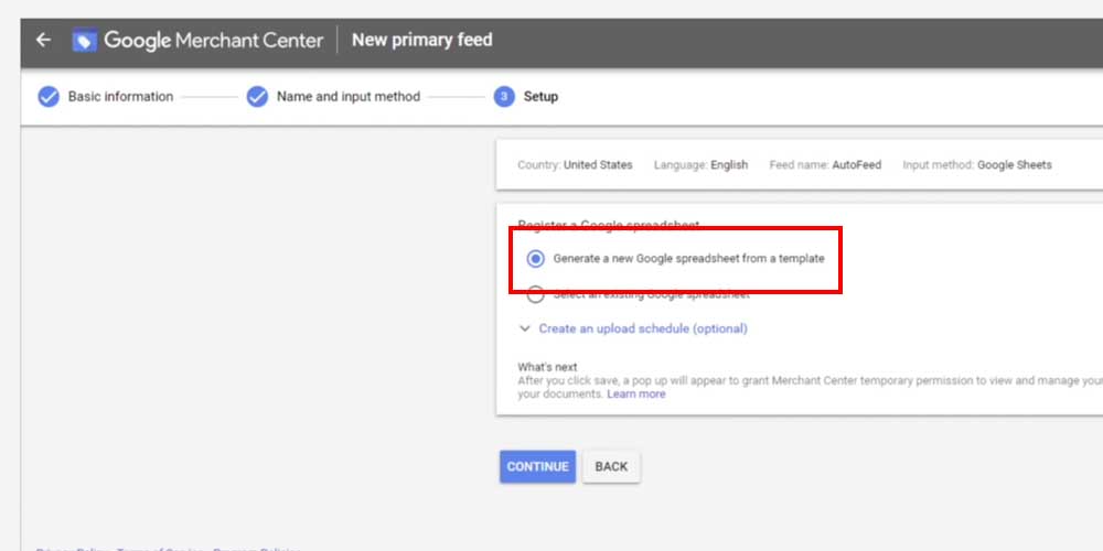 Generating a new Google Spreadsheet for a shopping campaign