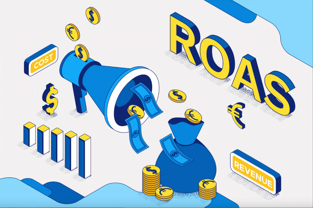 Illustration showing a megaphone along with multiple coins and graphics around it and the word ROAS at the top 