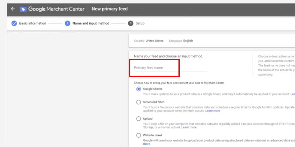 Typing the feed name in the Merchant Center