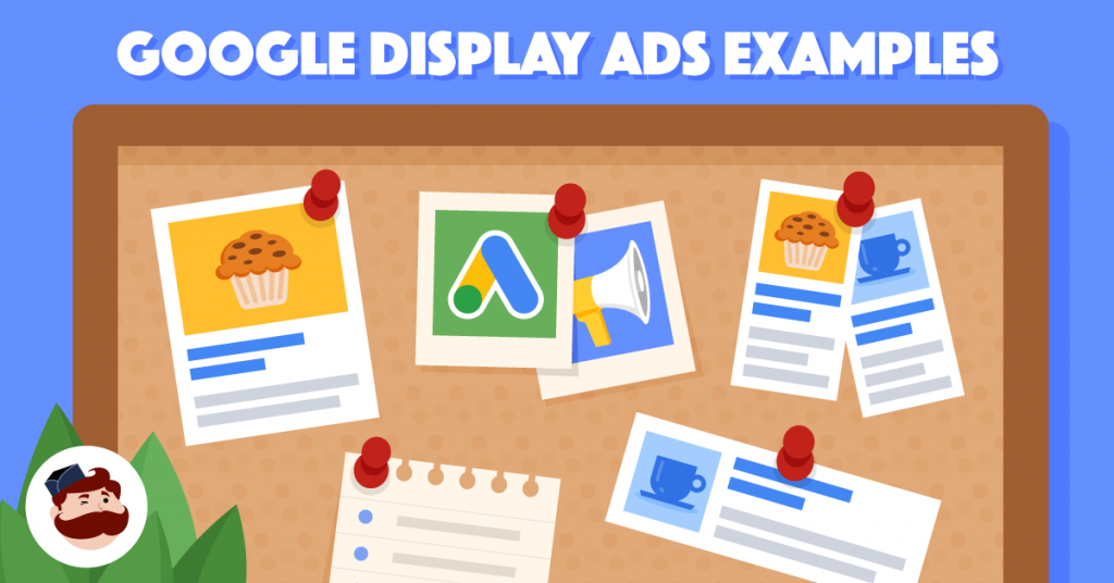 illustration of a board with multiple advertisements pinned and Google Ads logo in one of them
