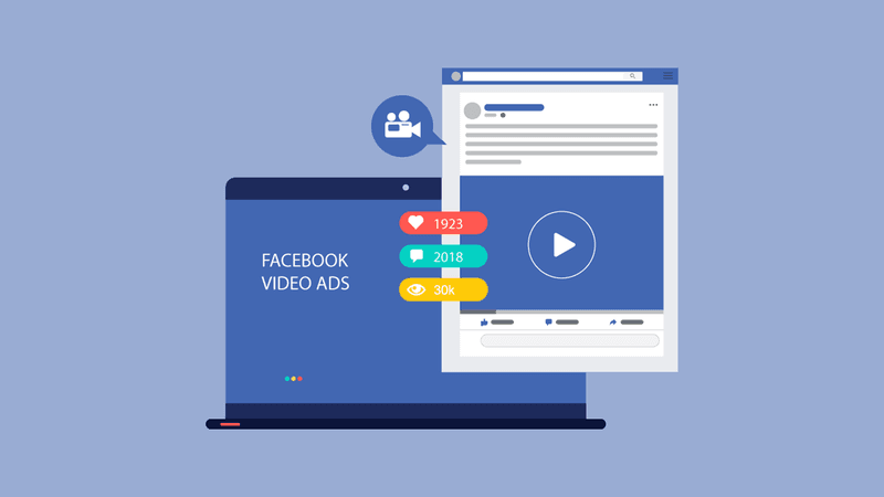 illustration of a laptop displaying a social media ad along with the text facebook video ads