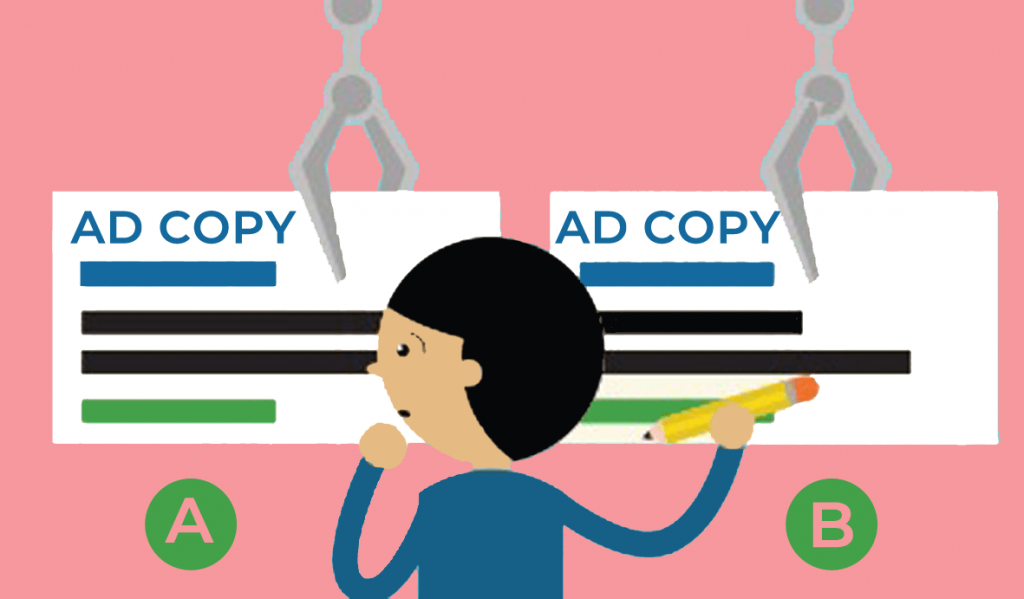 illustration of a person choosing between two ad copy options