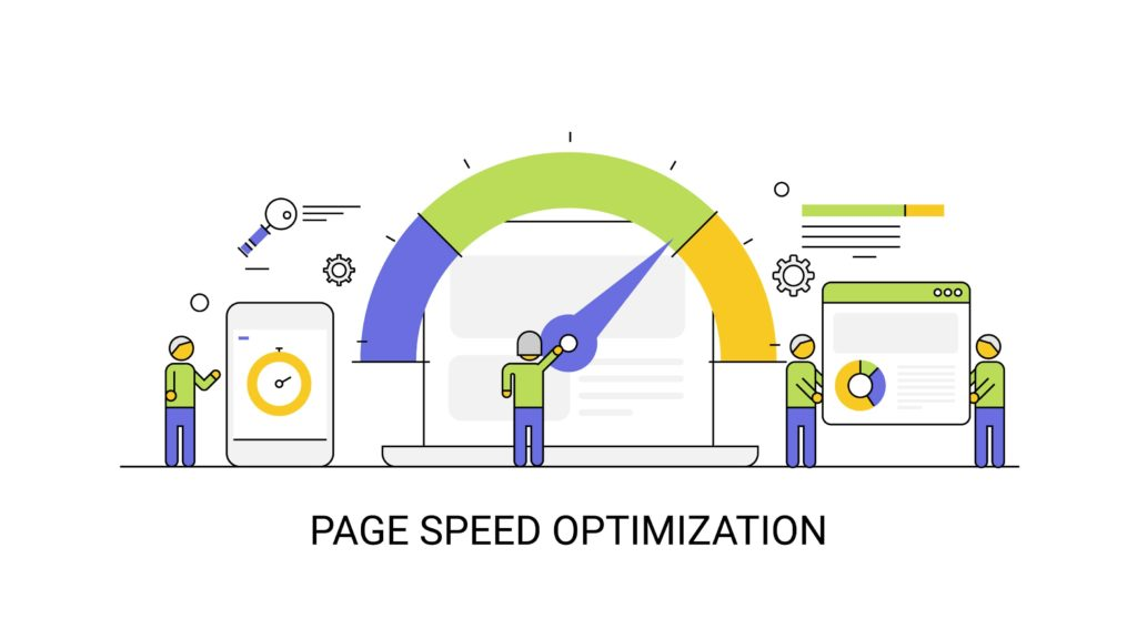 illustration of people working on a website with the text page speed optimization below it