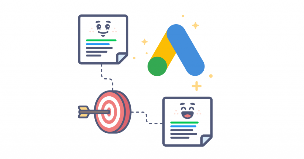illustration showing Google Ads logo along with a target and multiple documents with smiling faces