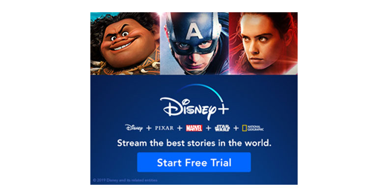 image from Disney plus display campaign showing a button to start their free trial