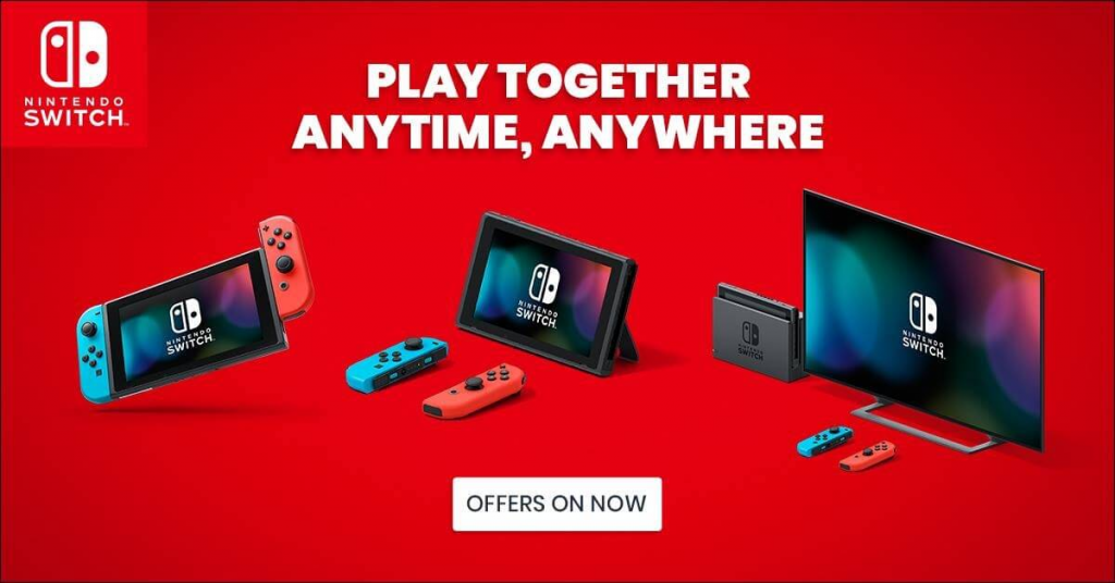 image showing a promotional banner from Nintendo showing the Switch console and the playing possibilities