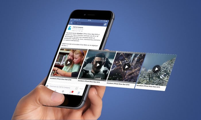 image showing a smartphone displaying Facebook pages with multiple video ads