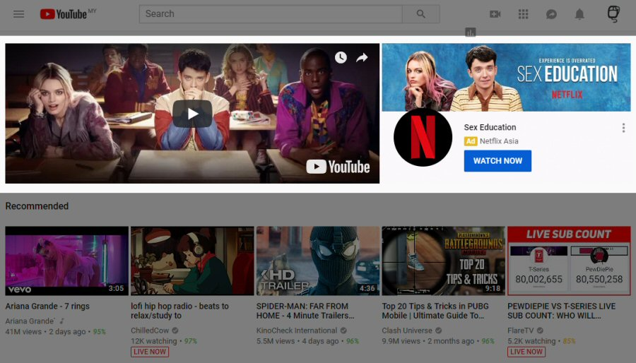 image showing an ad being displayed at the top of YouTube home page