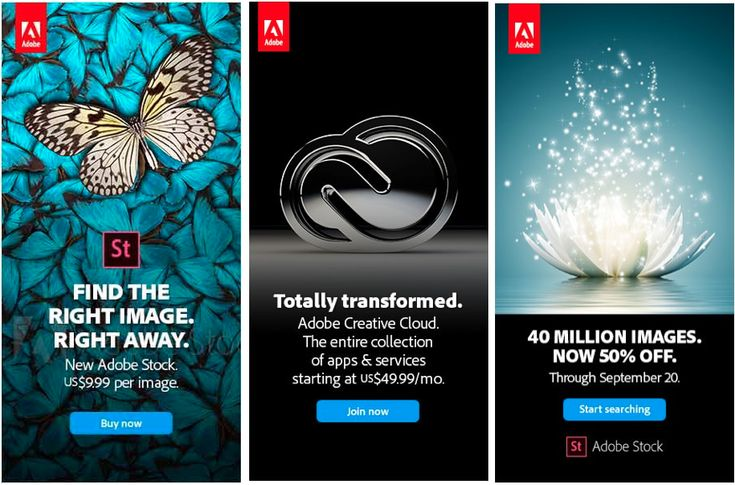 image showing different ads from Adobe promoting different products from the creative cloud