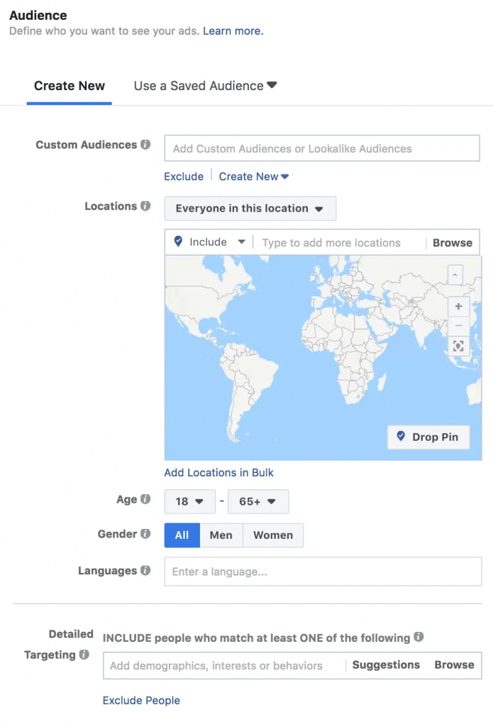 image showing the audience filtering tool from Facebook Ads