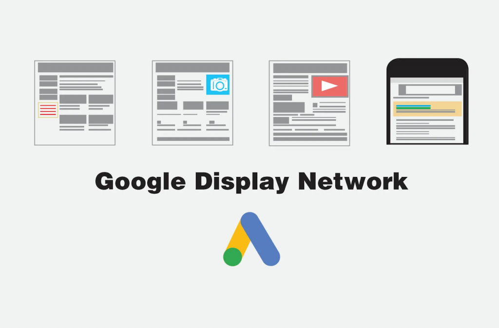 image with the word Google Display Network and Google Ads logo in the middle and different advertisement format examples at the top