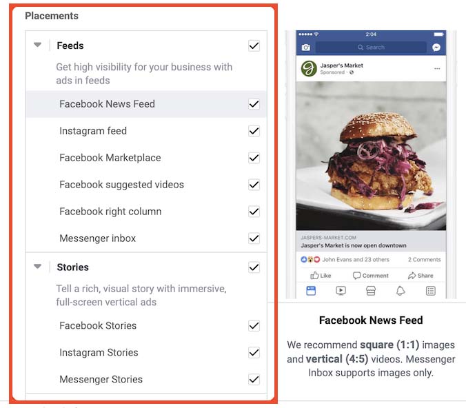 Ad placements in Facebook Ads Manager