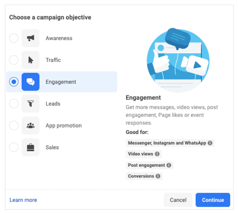 Choose a campaing objective in Facebook Ads Manager