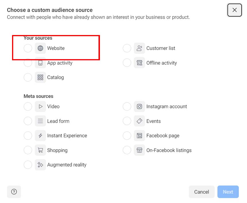 Choosing a custom audience source on Facebook Pixel
