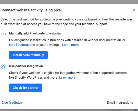 "Connect website activity using pixel" window