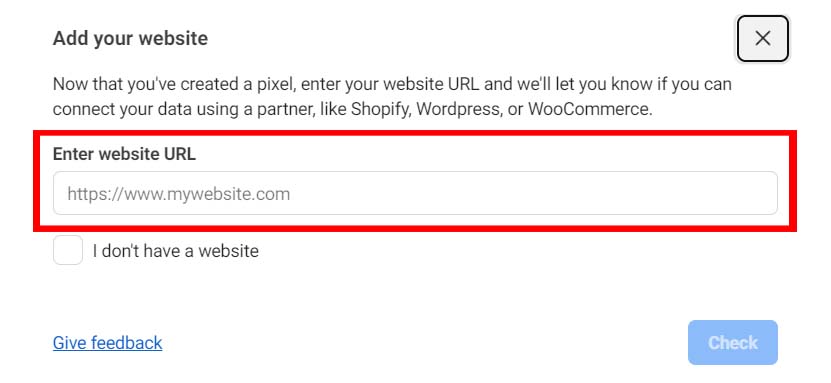 Entering the website URL in the Meta Pixel account