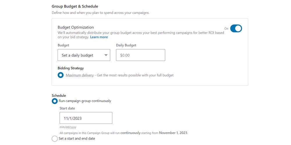 Select your budget and schedule on LinkedIn