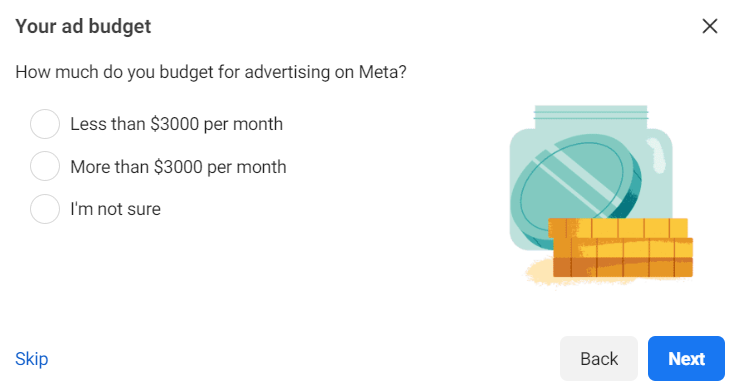 Selecting a budget in Meta Pixel