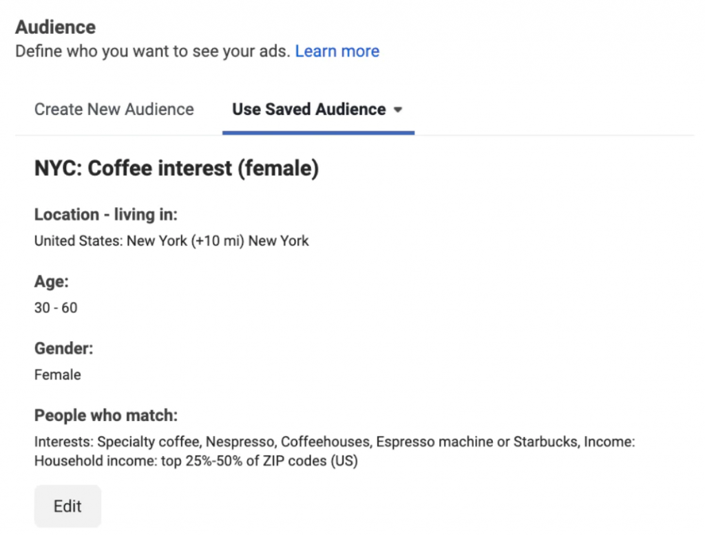 Setting audience on Facebook Ads Manager