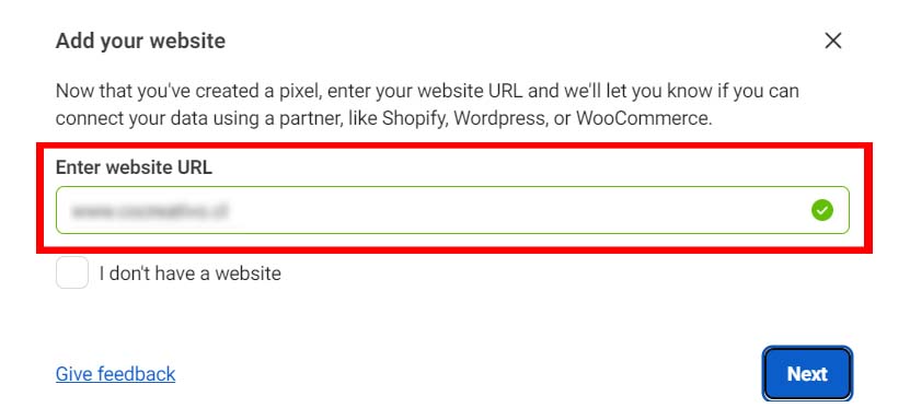 Succesfull entering the website URL in Meta Pixel