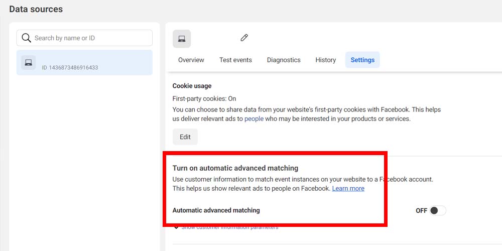 Turning on automatic advanced matching on Meta Pixel