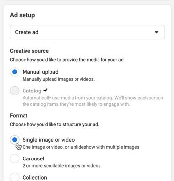 ad setup options and format for Facebook ads