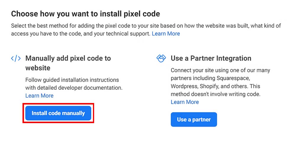 choose how to want to install pixel code