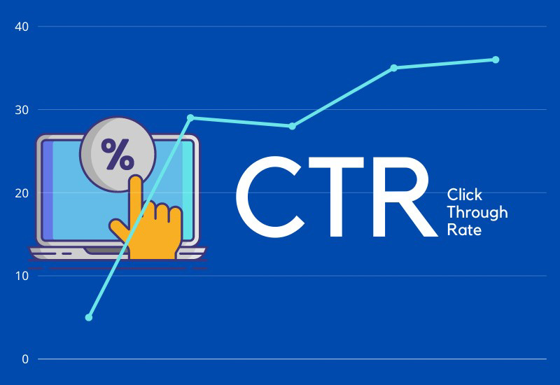 illustartion of a hand pointing at a computer with the text CTR click through rate on the side