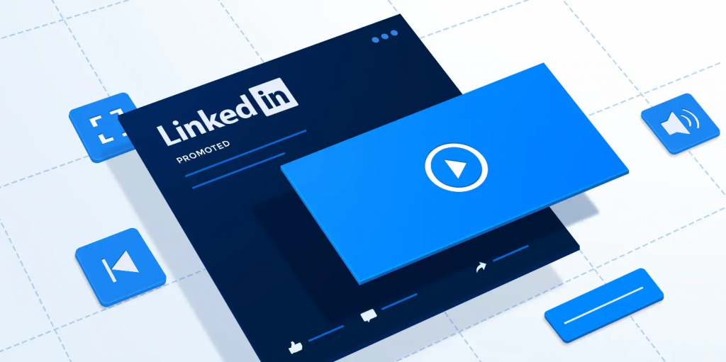 illustration of a LinkedIn promoted video ad with graphic elements around it