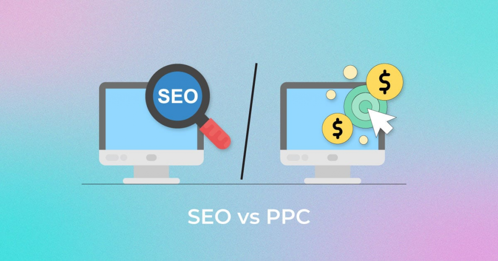 image comparing SEO and PPC with icons illustrating each one