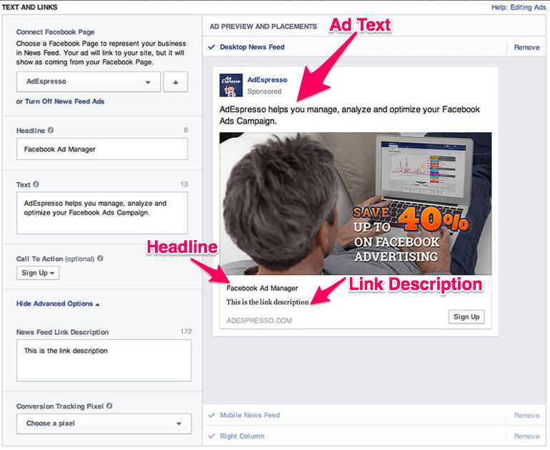 image showing the ad copy elements of a Facebook advertisement