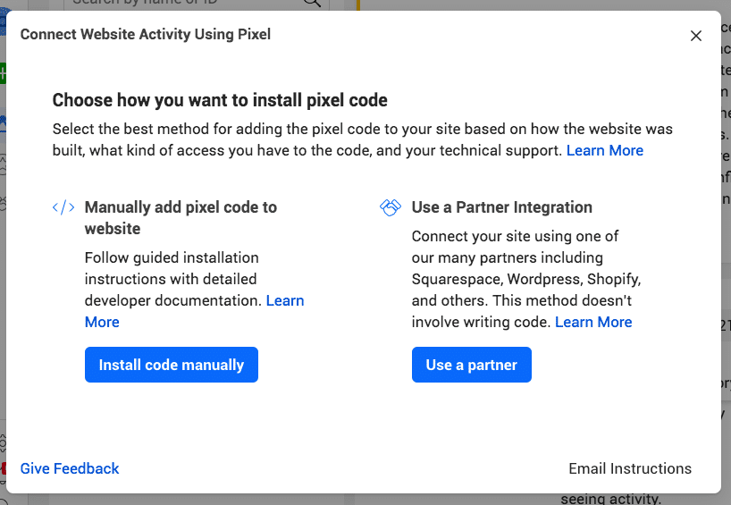 image showing the options for connecting Meta Pixel with your website