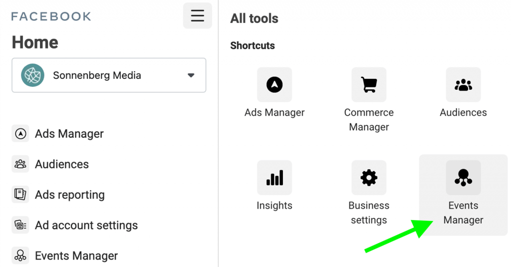 screenshot from Facebook Ads manager showing multiple tool options