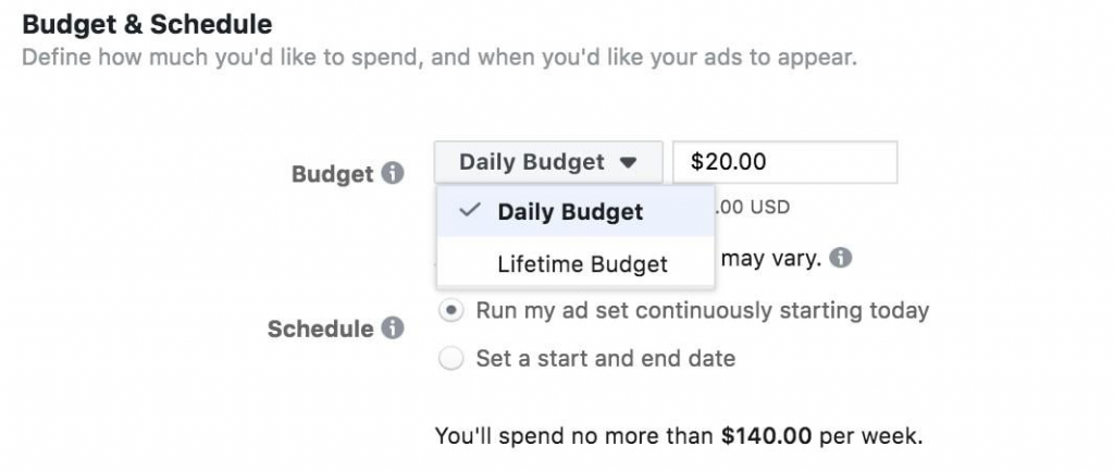 screenshot from budget and schedule settings