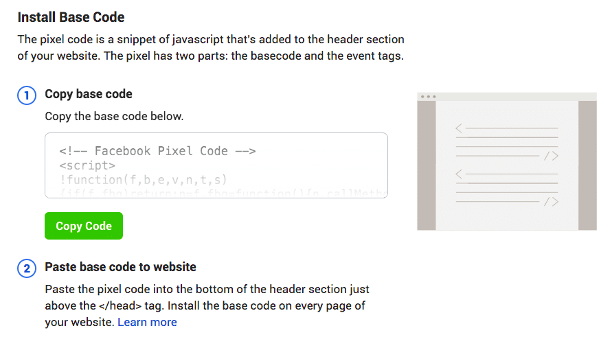 screenshot from Facebook Pixel installing instructions