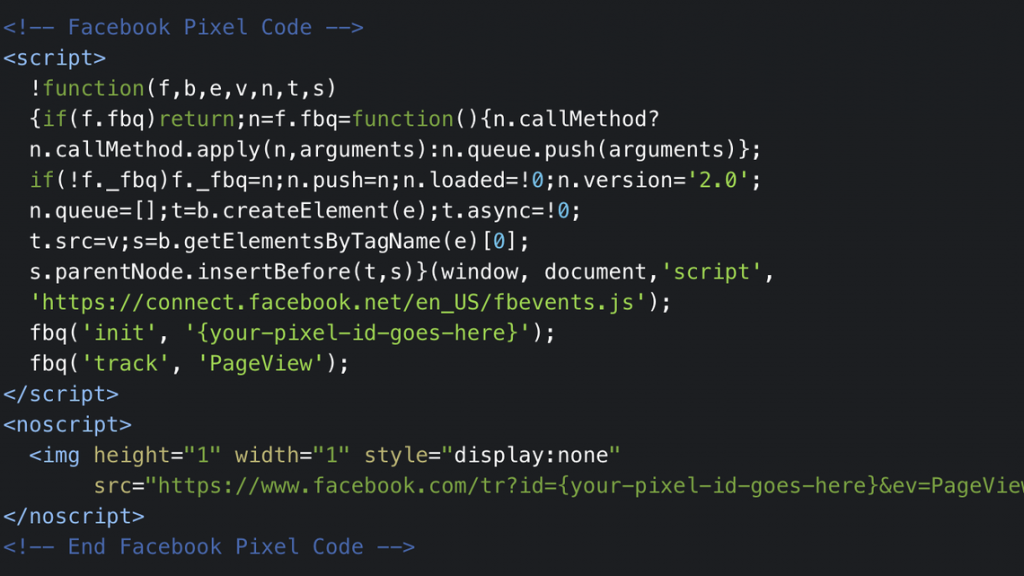 screenshot of a Meta Pixel code example