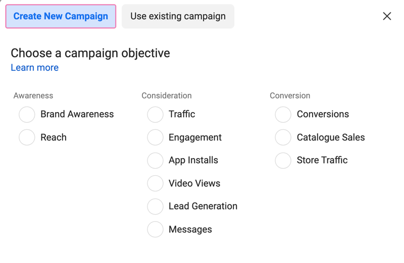 screenshot showing all the campaign objective options on Facebook Ads