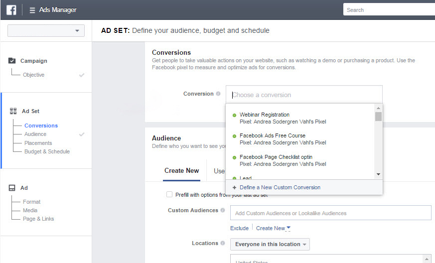 screenshot showing the conversion settings on the Facebook Business page