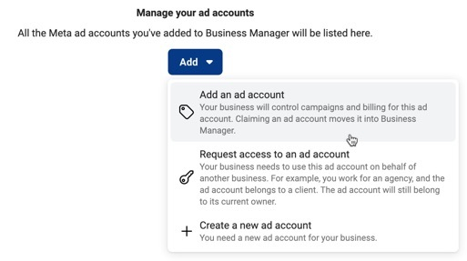 screenshot showing the options for creating an ad account