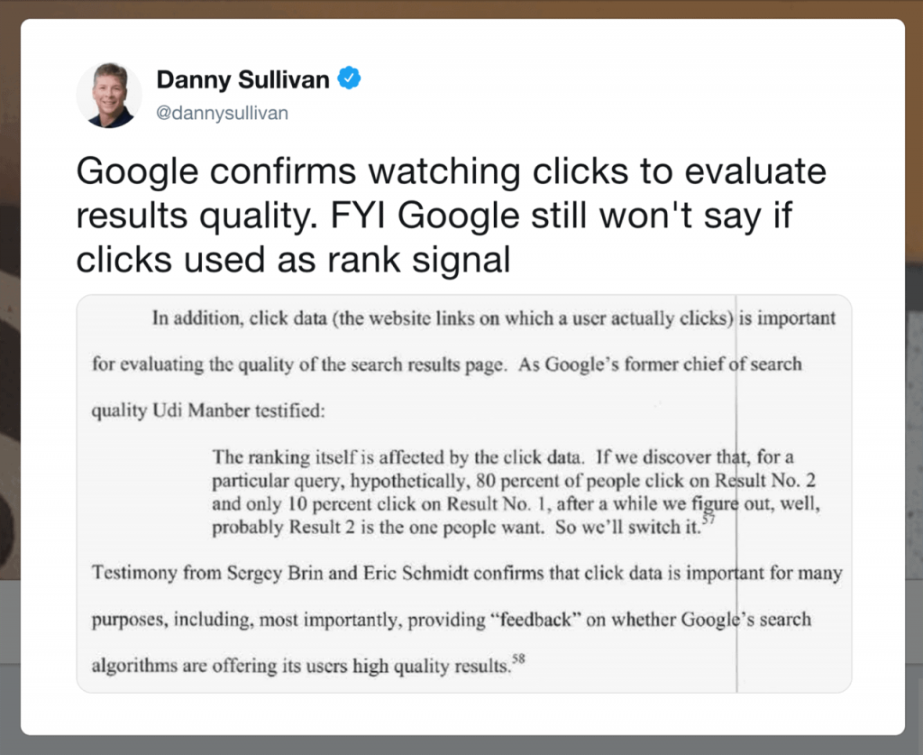 Comment in Twitter confirming Google evaluates results quality