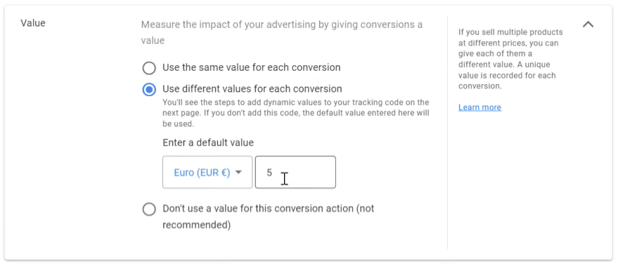 Dynamic conversion value