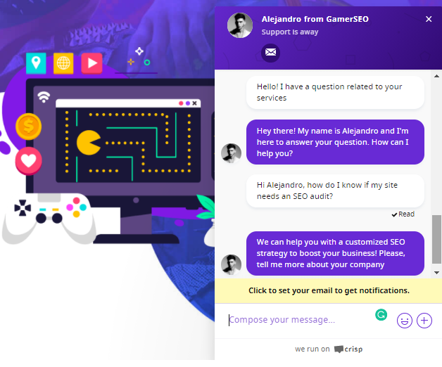 GamerSEO live chat example
