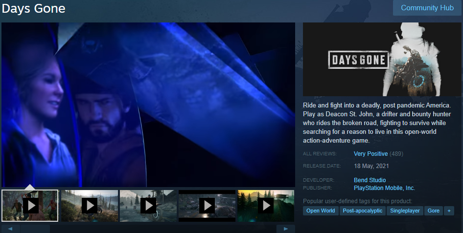Steam ‘Days Gone’ selling page with product videos included