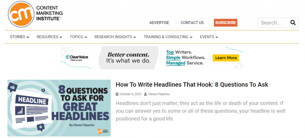 blog homepage by content marketing institute