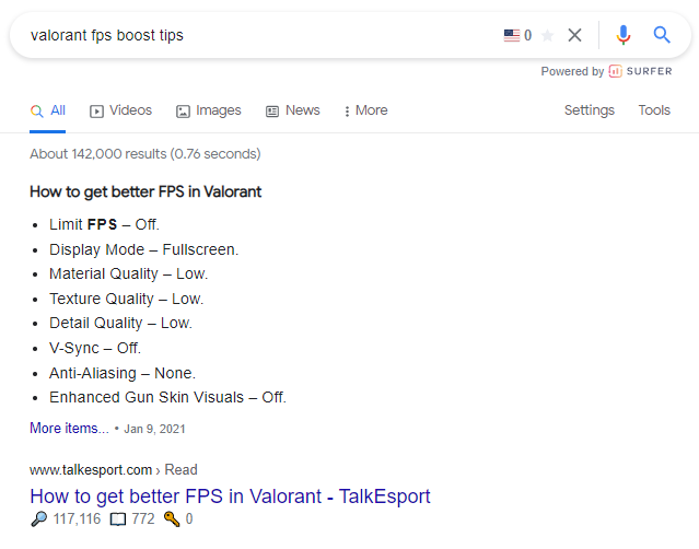 keywords and blog posts results on Valorant