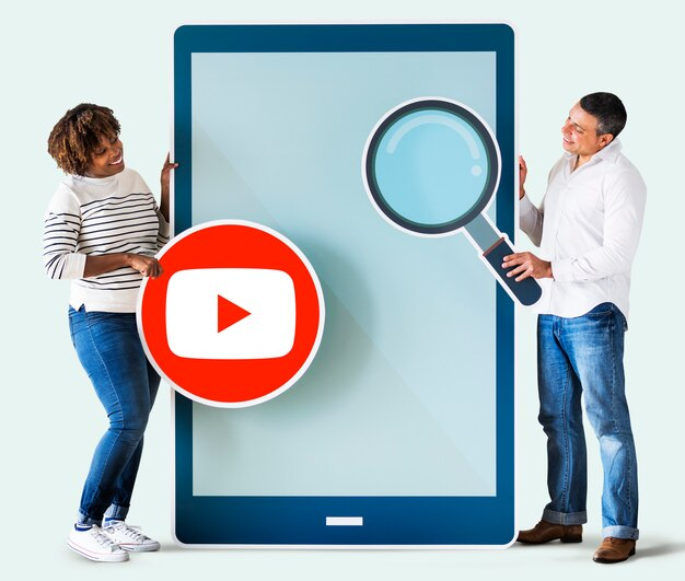 two people look at the mobile video ad as