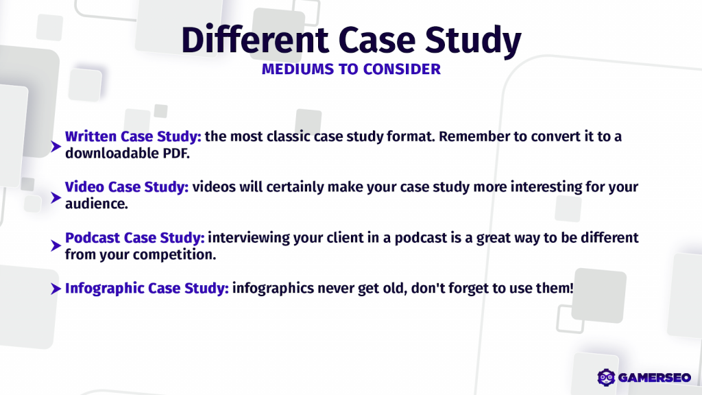 video, document, pdf, and other forms to present case studies