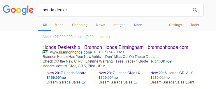 A search ad with price extensions 